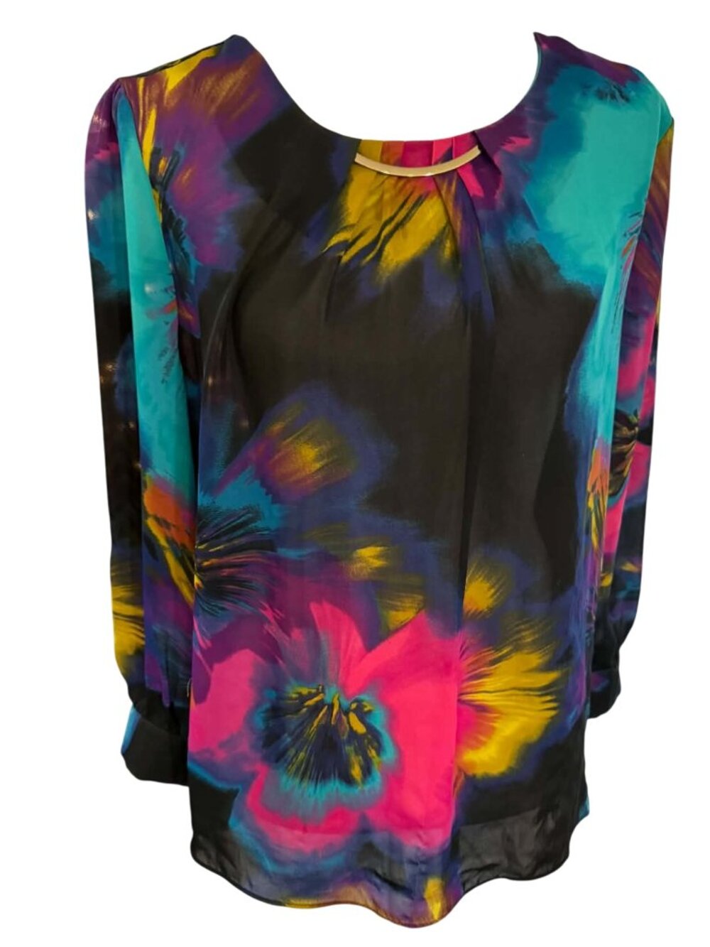 Worthington Floral Abstract Semi Sheer Blouse Long Sleeve Colorful Bling Artsy